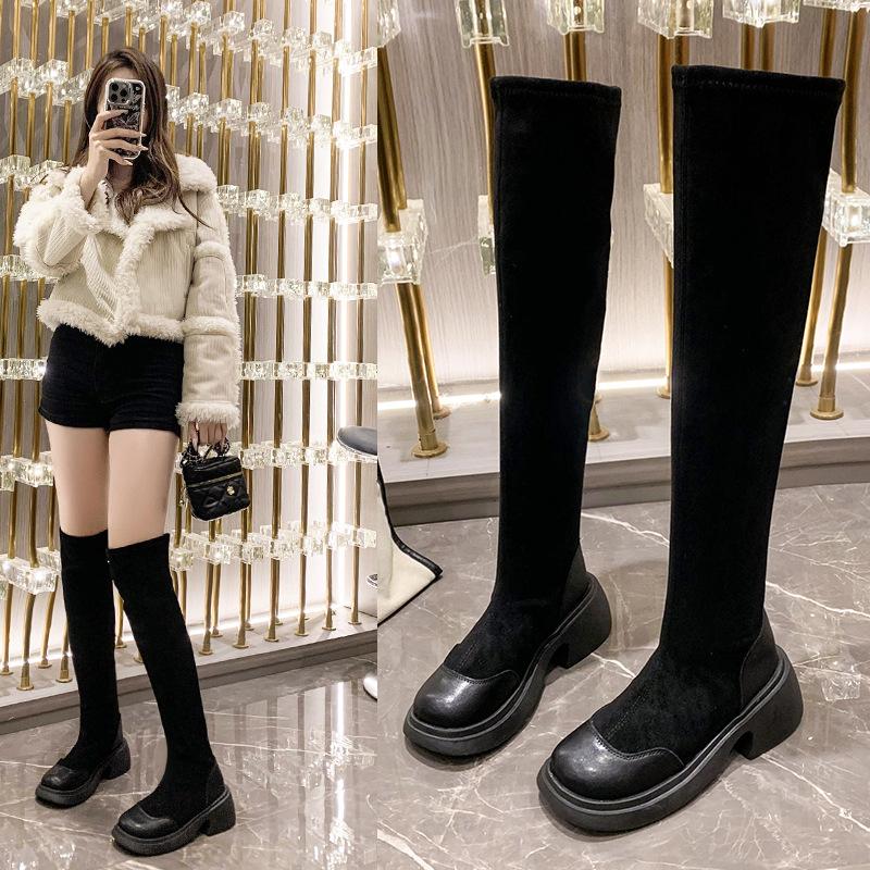 Сапоги 2025 года, осень и зима, новые замшевые сапоги на толстой подошве, с круглым носком, на толстом каблуке, модные черные эластичные тонкие сапоги