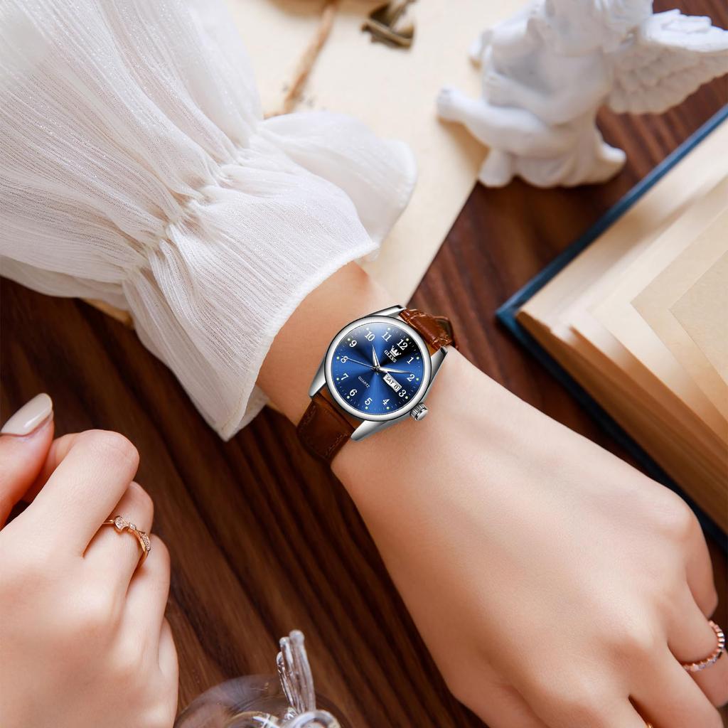 OLEVS Аналоговые деловые часы, популярные, модные, стильные, с синим циферблатом, кожаным ремешком, простые, с нажимной рукояткой, стильные, женские часы, кварцевые, водонепроницаемые, женские