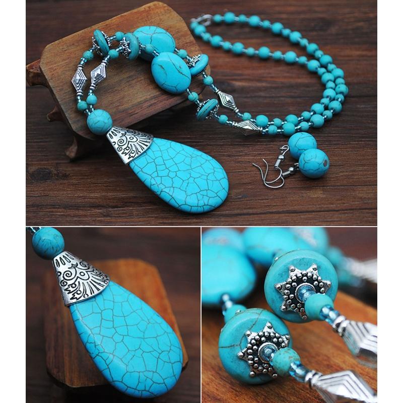 Наборы украшений с бирюзой Бирюзовые ожерелья Бирюзовое ожерелье с подвеской Серьги Кольцо Набор Винтажный стиль Бирюзовый материал