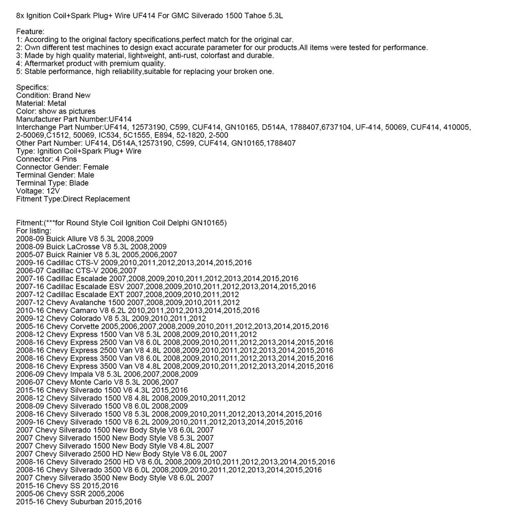 8x катушка зажигания + свеча зажигания + провод UF414 для GMC Silverado 1500 Tahoe 5.3L