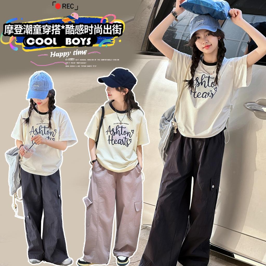 Girls' summer outfit set 2026 new style children's short sleeved work pants, girls' sports two-piece set, summer thin design, big boy