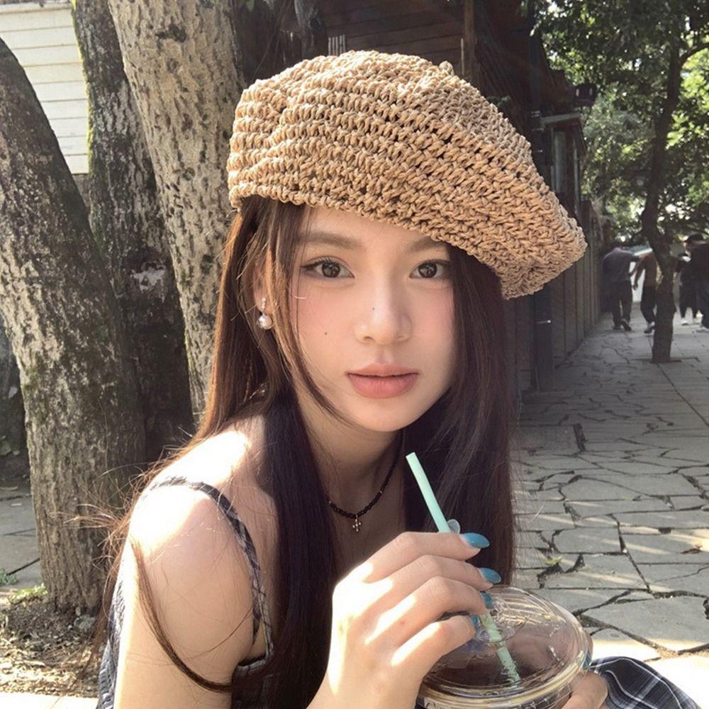 Summer Weave Cap Handmade Painter Hat Fashion Straw Beret Women