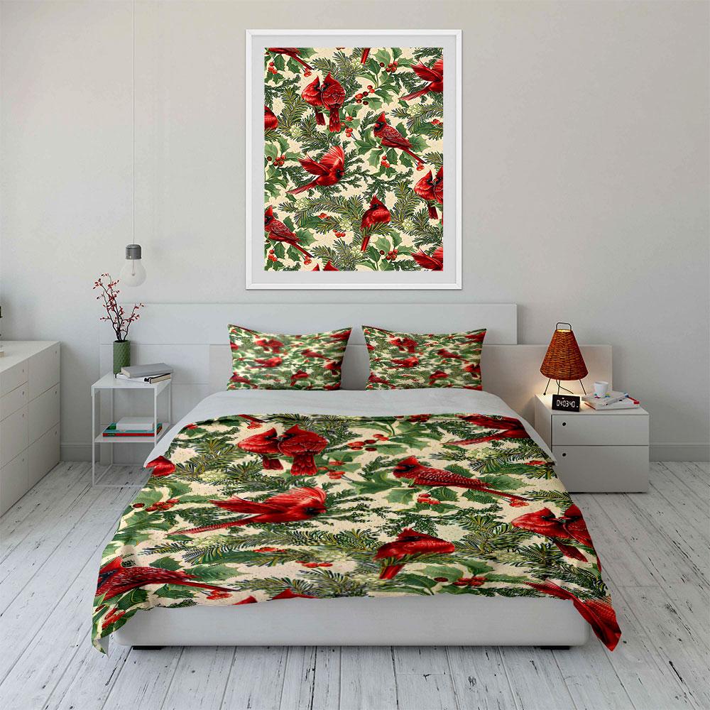 Red cardinals, holly leaves. Bedding sets Duvet cover sets Duvet covers Pillowcases(1 * Duvet Cover 2 * Pillowcases without duvet insert)