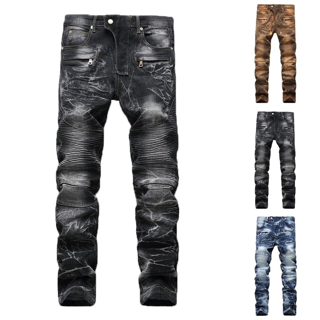 Модные мужские повседневные эластичные плиссированные джинсы, облегающие джинсовые брюки