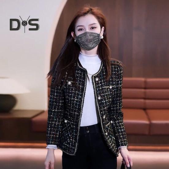 Женский твидовый пиджак с длинным рукавом, застегивающийся на пуговицы, укороченный блейзер с карманами, двубортное пальто в сетку для осени и зимы