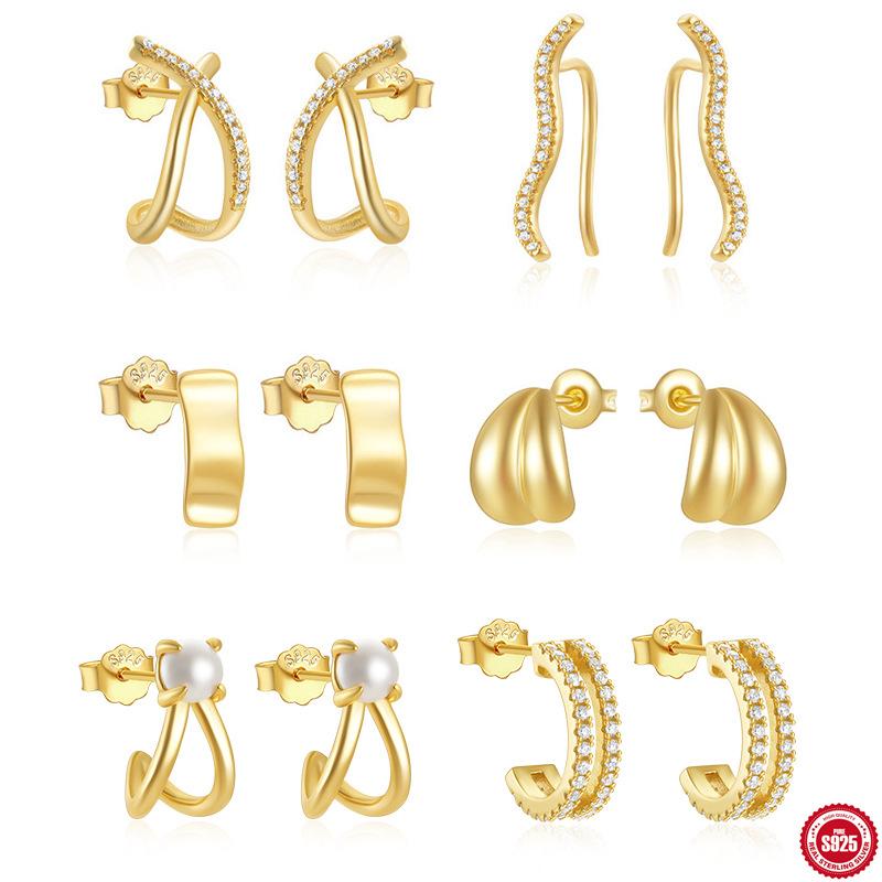 Light Luxury S925 Sterling Silver Geometric Cross Micro-Inlaid C-Shaped Personality Metal Temperament Earrings Earrings Ear Hooks