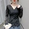 Autumn and Winter Padded Sexy V-neck Long-sleeved Cross Slim Age-reducing Blouse Hundred Lace Bottoming Shirt