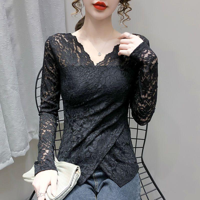 Autumn and Winter Padded Sexy V-neck Long-sleeved Cross Slim Age-reducing Blouse Hundred Lace Bottoming Shirt