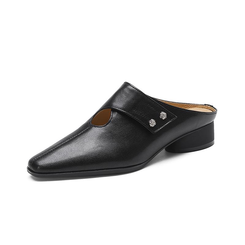 Мода 2025 Лето С закрытым носком Натуральная кожа Шлепанцы Женские Толстый каблук Повседневные Мюли Летние Для ежедневной ходьбы Шлепанцы из овчины