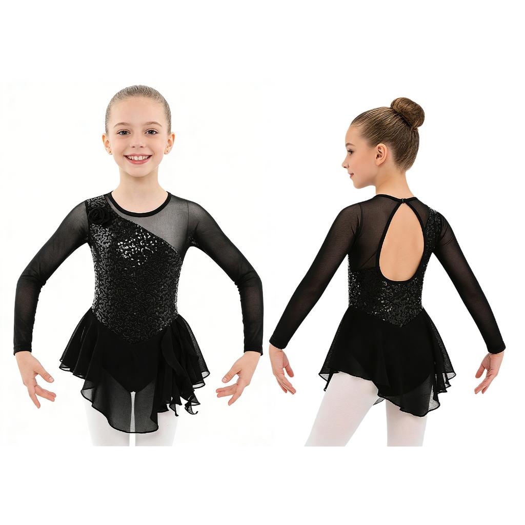 Детское платье для фигурного катания на коньках с длинными рукавами и блестками на спине, гимнастическое трико для балета и танцев