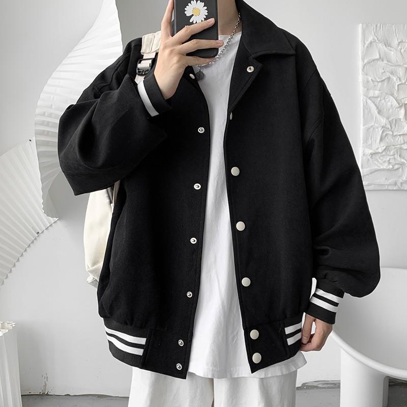 Mens Baseball Jacket Thick Solid Color Lapel Loose Retro Streetwear Casual Coat