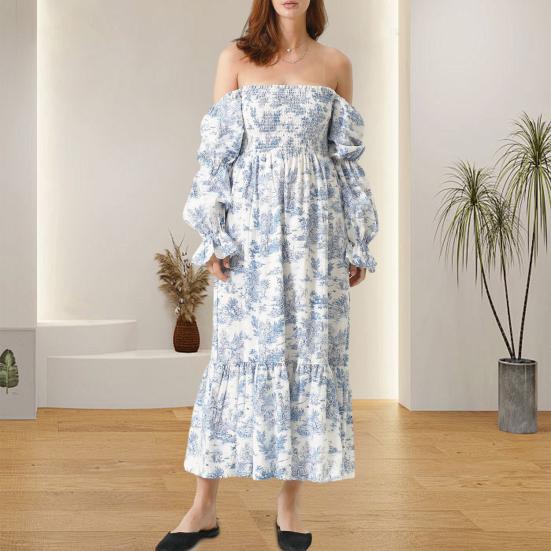 Женское платье макси с открытыми плечами, длинными рукавами-фонариками, квадратным вырезом, струящимся платьем в стиле бохо с цветочным принтом, присборенной талией, длинное платье