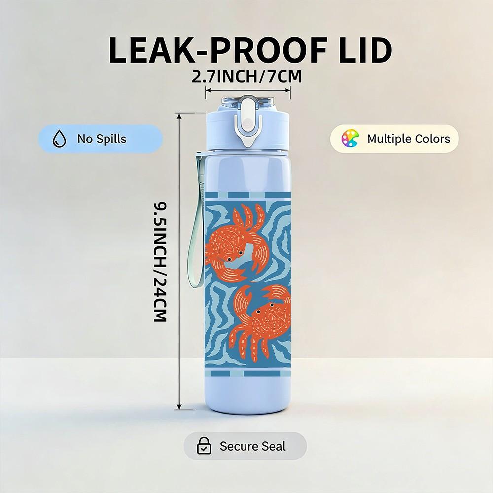 1PC Blue Crab Geometric Pattern 750ml Color Plastic Sports Water Bottle Leakproof Flip Straw Lid Suitable for Sports Office Home Use