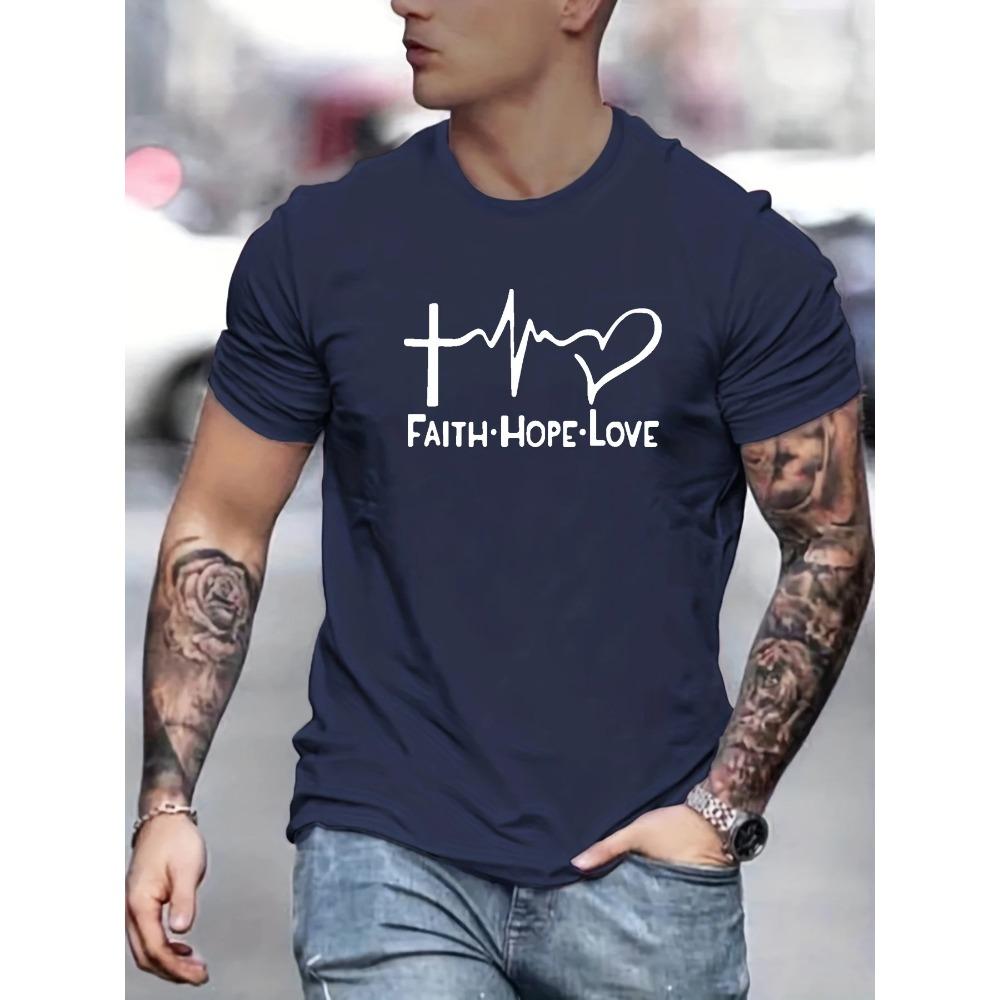 Men's 100% Cotton Fashionable Casual Sports Loose Fit Plus Size FAITH HOPE LOVE Printed Round Neck Short Sleeved T-shirt Top