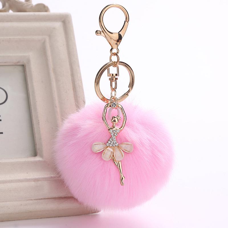 Ballet Dancing Girl Keyring Cute Fluffy Pompom Rhinestone Car Handbag Motorcycle Pendant Accessorie Keychain Retail Wholesale