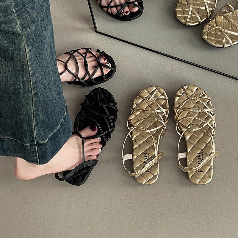 Модные французские ретро-стиль ремешок комбинация плоские римские сандалии женские летние корейская версия универсальные сандалии на ремешках темперамент