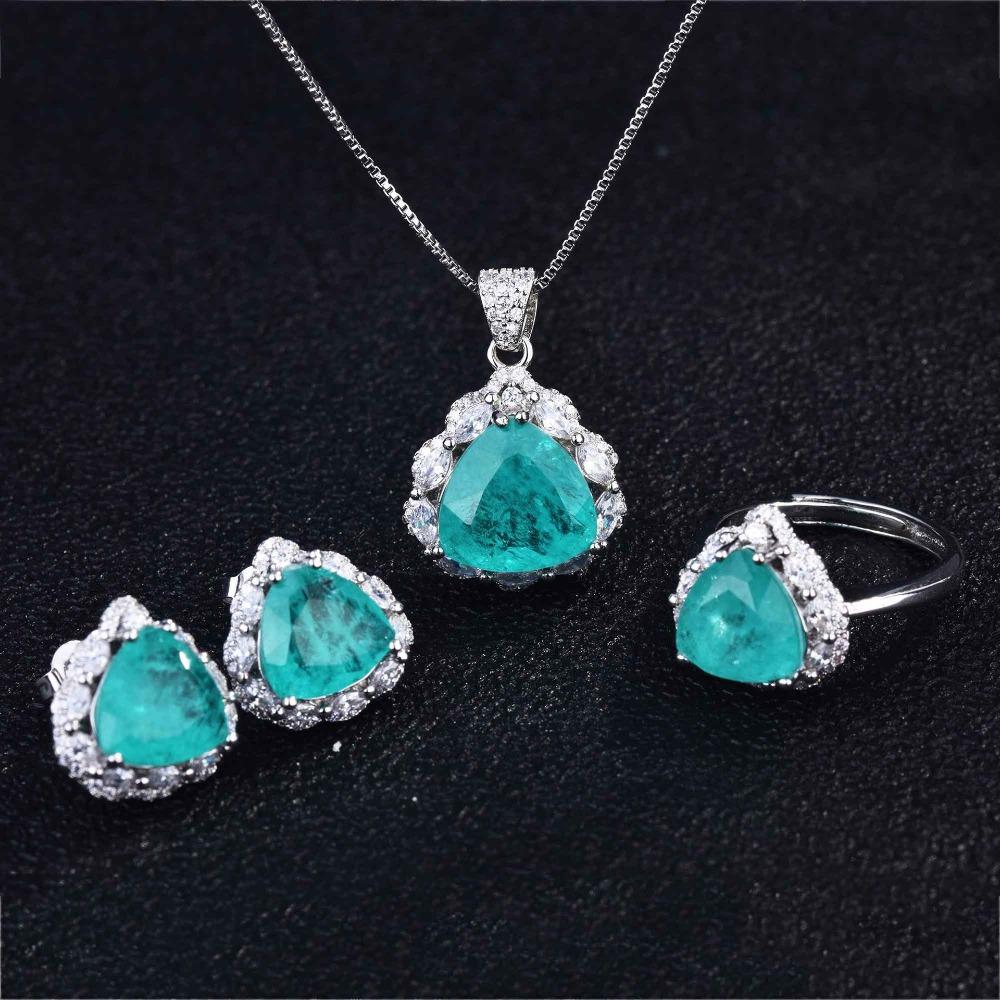 Women Jewelry Set Imitation Paraiba Necklace Light Green Diamond Ring Earrings Triangle Set