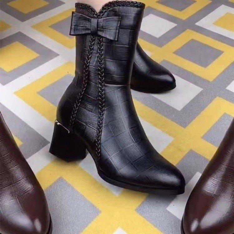 Модные зимние плюшевые теплые кожаные ботинки с бантом и круглым носком для женщин, повседневные нескользящие ботинки с заостренной молнией, женские ботинки