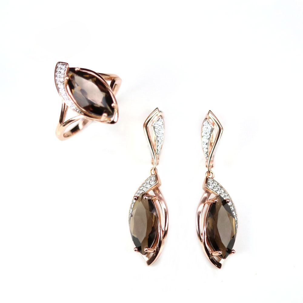 Bolaijewelry 925 Sterling Silver Ring Earrings Jewelry Set Natural Smoky Quartz Mq8*16mm Gemstone Fine Jewelry for Anniversaries Party
