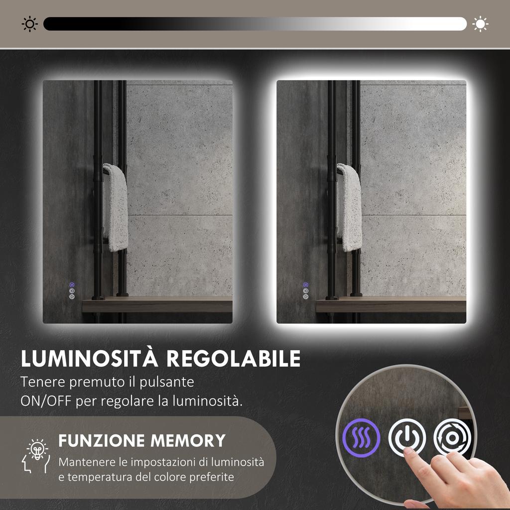 Anti-Fog Bathroom Mirror with Adjustable Brightness and Color, in Glass and Aluminium Alloy, 80x60x4 cm