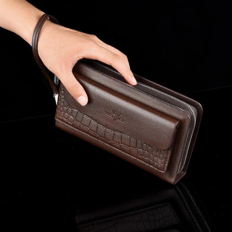 WEIXIER Men Clutch Bag Fashion PU Leather Long Purse Double Zipper Business Wallet Black Brown Male Casual Handy Bag