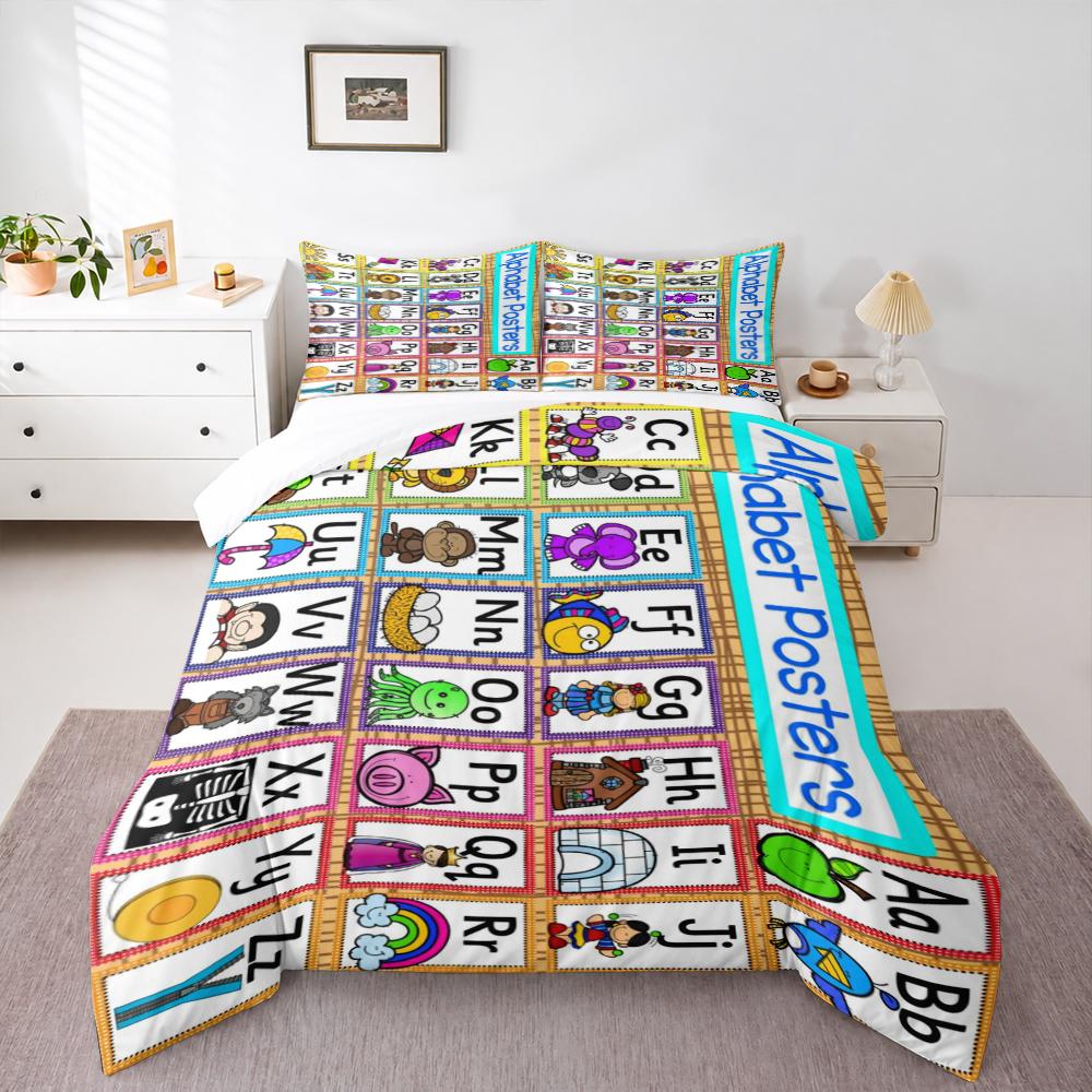 Alphabet Posters Colorful ABC Bedding set (1 duvet cover, 2 pillowcases, duvet not included), A-Z Cartoon Learning Chart Art