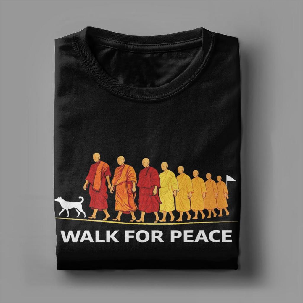 Unisexs TShirt Retro Walk for Peace Monks with Aloka Dog Minimalist Zen Casual Cotton Tee Shirt Crewneck Clothing Gift