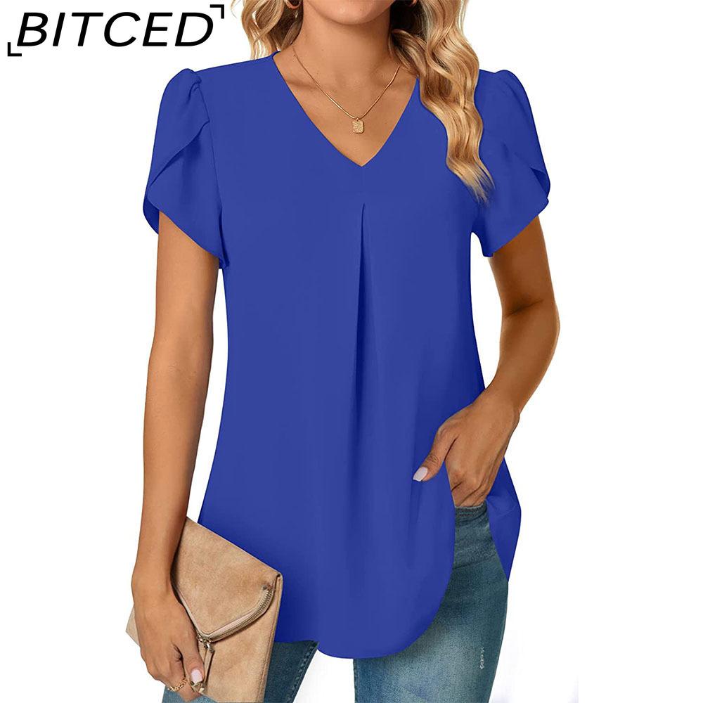 BITCED Летняя однотонная шифоновая футболка в стиле пэчворк, женская с V-образным вырезом и коротким рукавом