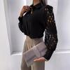 VEZFAA Women's Fashion Casual Summer Spring Solid Color Print Lace Long Sleeve POLO Neck Blouses & Shirts