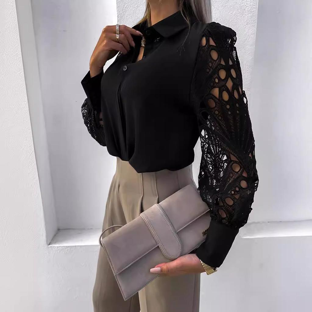 VEZFAA Women's Fashion Casual Summer Spring Solid Color Print Lace Long Sleeve POLO Neck Blouses & Shirts