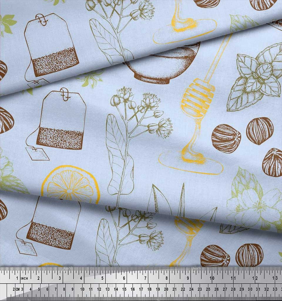 Soimoi Синяя чашка для чая из полиэфирной ткани | Звездчатый анис и ломтики лимона, растительная ткань с принтом в ярдах, 42 дюйма