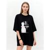 Oversized T Shirt Black Cat And Wolf Graphic Print With KIT Strange Text Casual Streetwear For Women