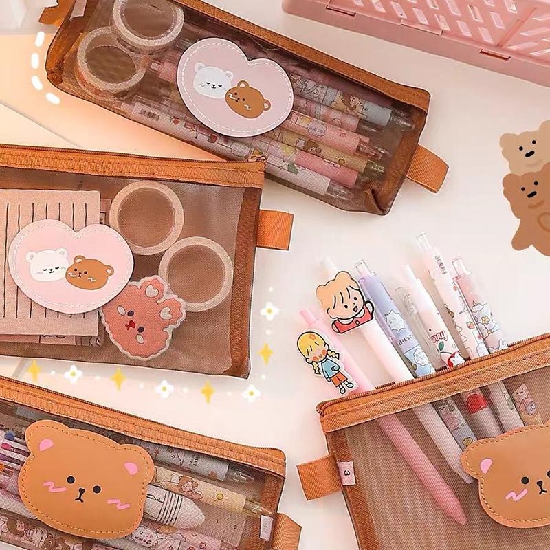 Милый мультяшный пенал с медведем, прозрачная сетчатая сумка для ручек, вместительный чехол для хранения канцелярских принадлежностей, офисные школьные принадлежности, подарки