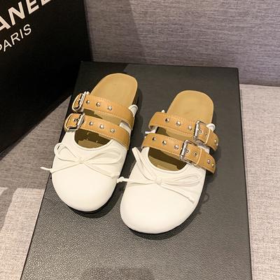 Женские модные тапочки Baotou, осенние новые туфли на плоской подошве с круглым носком, неглубоким воротом, бабочкой, узлом-заклепкой и пряжкой на ремне