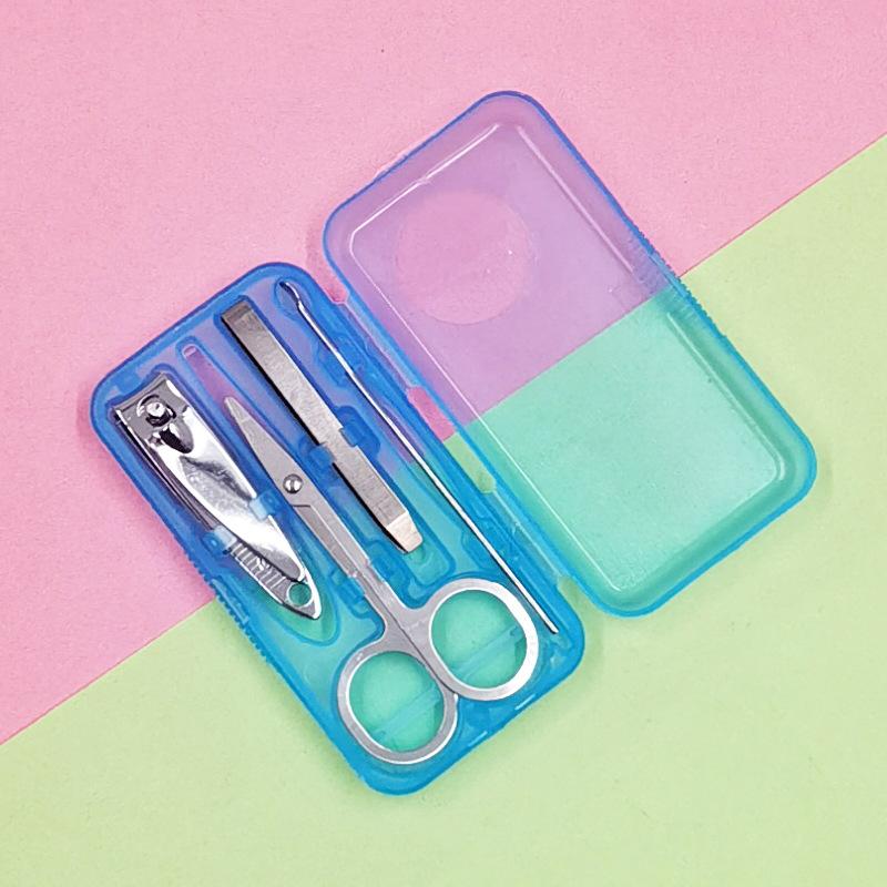 Набор металлических кусачек для ногтей 4 предмета Синяя мини-коробка для хранения Набор для стрижки ногтей Ножницы Лопатка для чистки ушей Ложка Уход за ногтями Многофункциональный