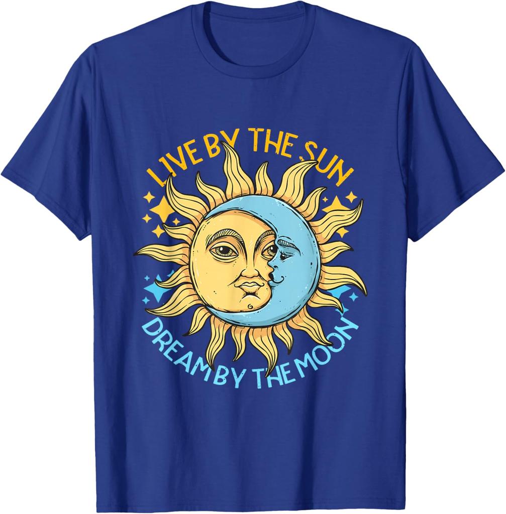 Sun Moon Celestial Graphic Tee Soft Cotton Casual T-Shirt Retro Astrology Style Trip Apparel