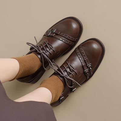 Мода НОВЫЕ Весна/Осень Женские Лоферы Круглый Носок Массивный Каблук Обувь Спилок Обувь Женская Заклепки Шнуровка Женские Туфли-Лодочки Обувь Ручной Работы