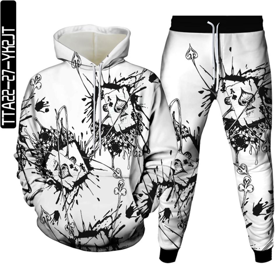 Мужская уличная модная одежда с покерным рисунком и 3D принтом, спортивный костюм Homme, комплект из 2 предметов, толстовки, спортивные штаны большого размера, S-6XL