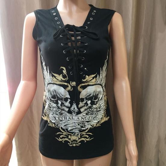 Женская летняя футболка с v-образным вырезом на шнуровке, регулируемые ремни, футболка без рукавов, футболка с буквенным принтом черепа, облегающие пуловеры в стиле панк