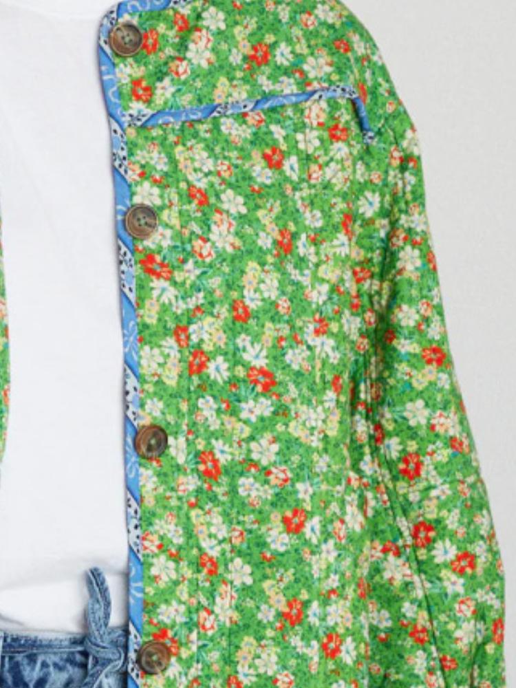 New Floral Printed Long Sleeve Jacket Women Round Neck Contrasting Colors Button Pockets Clothing Ethnic Harajuku Vintage Quilted Cotton Coats