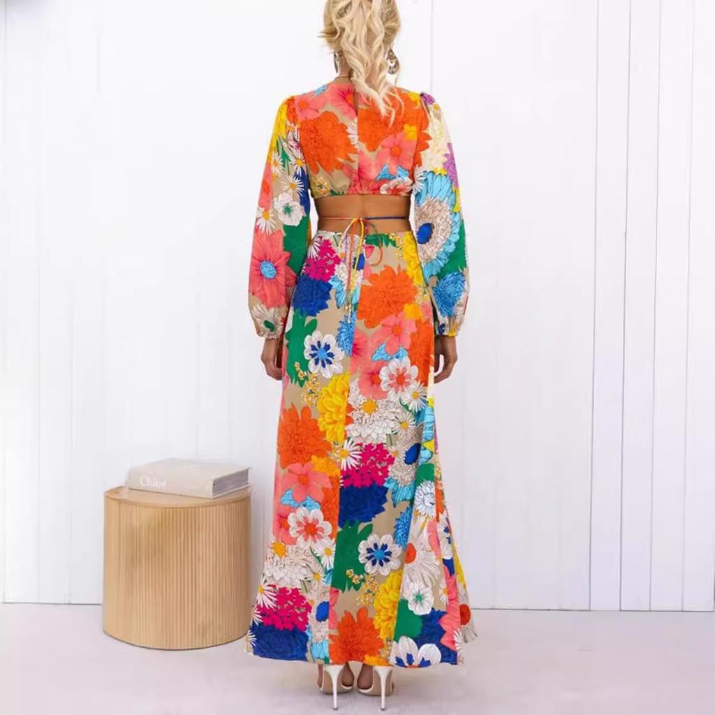 IHUASU Осеннее платье с длинными рукавами и принтом Dopamine, с открытой талией, в стиле уличной моды для женщин