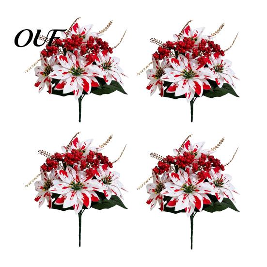 Evergreen Decorative Shrubs Artificial Poinsettia Flowers, Christmas Fake Floral Berry Centerpiece, Fade-Resistant Maintenance Free Home Decor Red And
