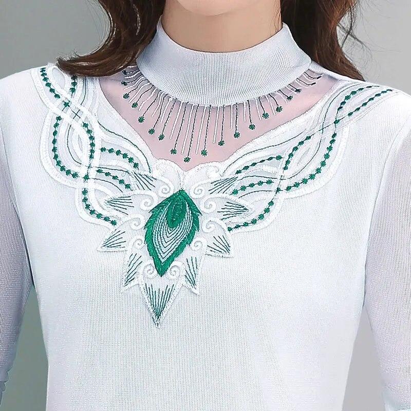 Осень-зима, новые кружевные футболки, сетчатая рубашка с высоким воротником и низом для женщин, пуловеры с длинными рукавами, топ M-5XL