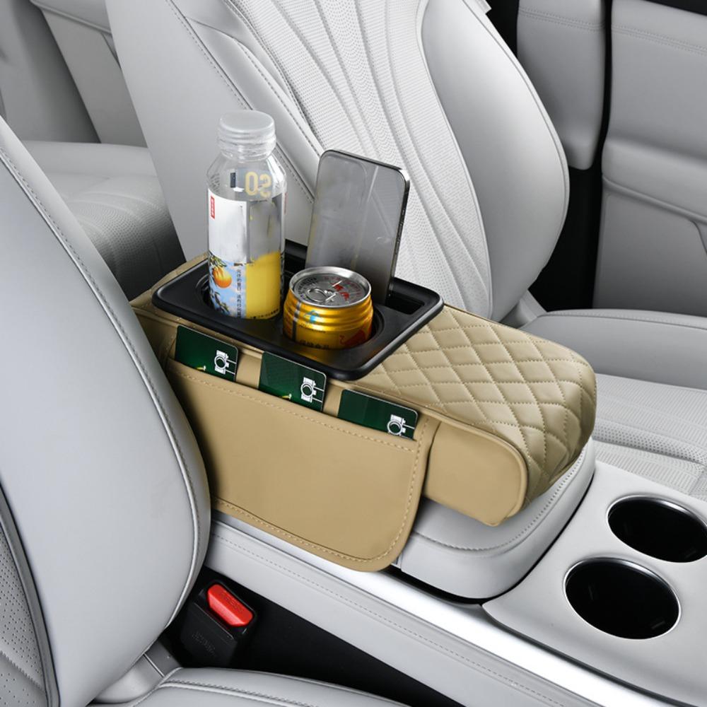 Car Center Console Height Increasing Armrest Cushion Multifunctional PU Leather Armrest Pad with Cup Holder Universal