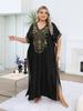 EDOLYNSA 2024 Gold Thread Embroidered Plus Size Casual Vacation Beach Dress Summer Swimsuit Coverup For Women V Neck Bat Sleeve Black Kaftan