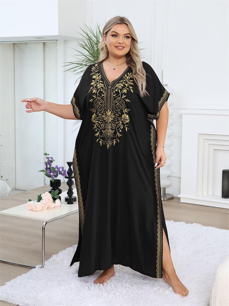 EDOLYNSA 2024 Gold Thread Embroidered Plus Size Casual Vacation Beach Dress Summer Swimsuit Coverup For Women V Neck Bat Sleeve Black Kaftan