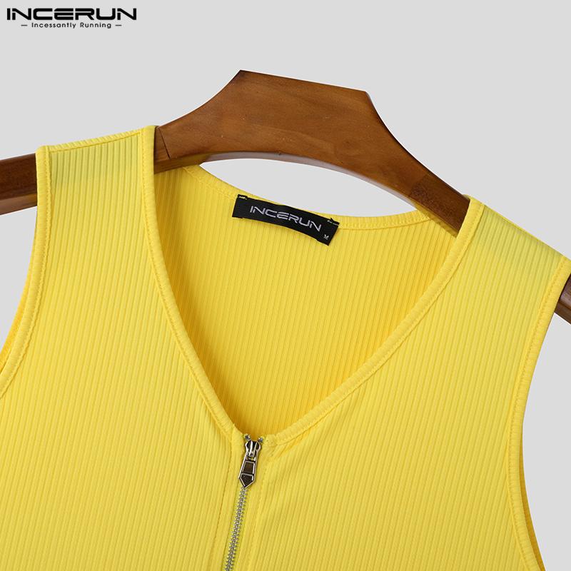 INCERUN Мужские летние майки без рукавов с V-образным вырезом на молнии, с гоночной спинкой, рубчатые, спортивные, облегающие