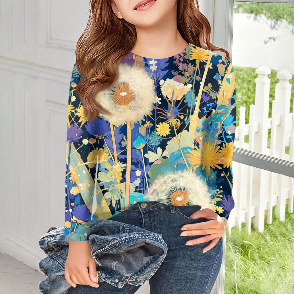 Футболки с длинным рукавом для девочек, детские осенние топы, с круглым вырезом, с принтом, базовые футболки