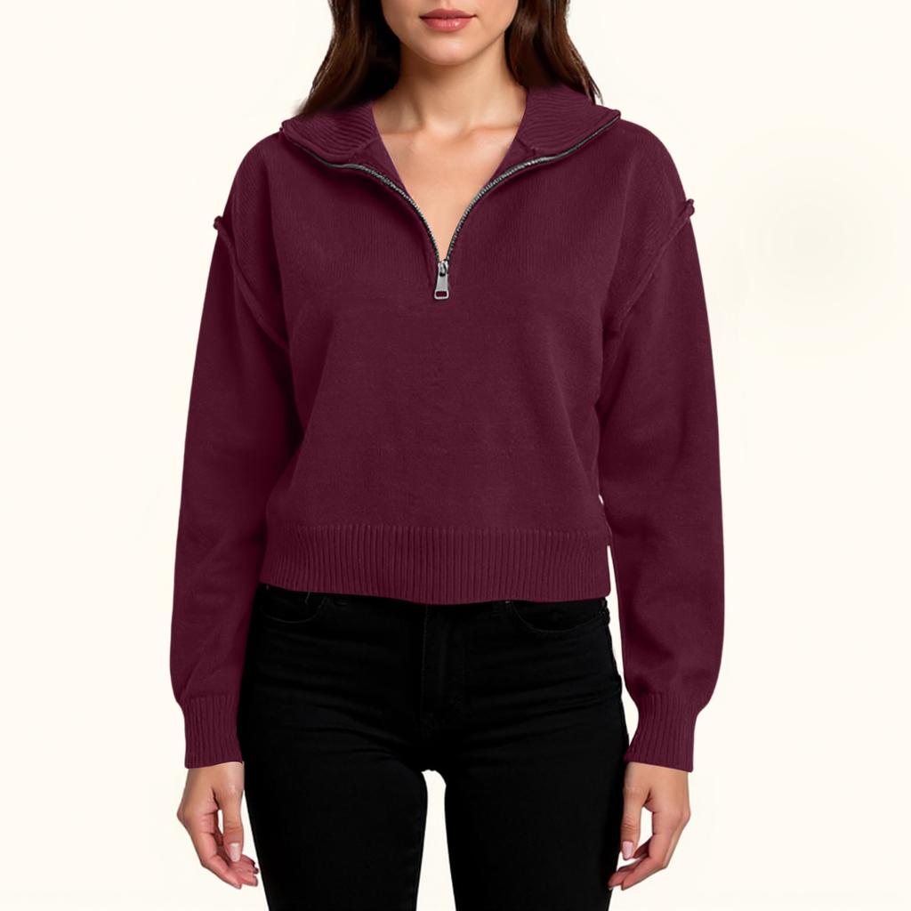 Women's Fashion Loose Casual Half Zip Lapel Pullover Sweater