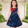 Girls Round Neck Sleeveless A Line Flared Dress Red White Blue Star Printed